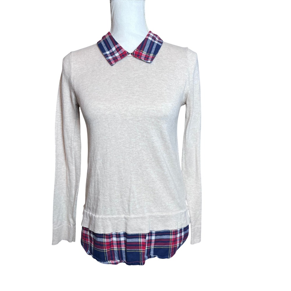 J.Crew Womens XS Oatmeal Sweater Plaid Collar Layered Hem Long Sleeve Cotton Top